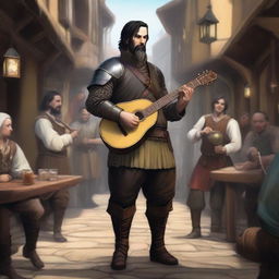 A full-body image of a standing human bard with short black hair and a beard, wearing leather armor while holding a lute