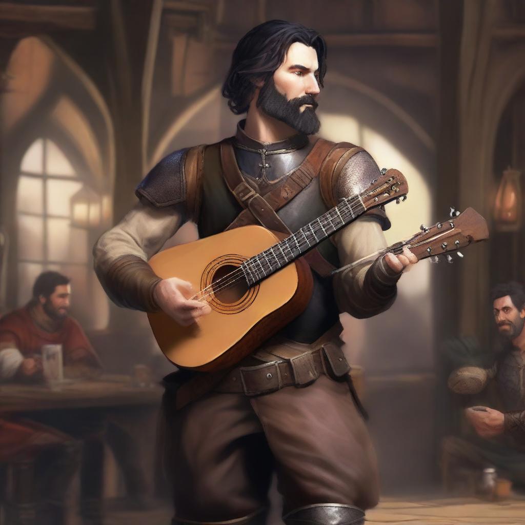 A full-body image of a standing human bard with short black hair and a beard, wearing leather armor while holding a lute