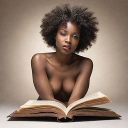 An Afrodisiac Venus woman emerging from an open book, embodying elegance, mystery and allure.