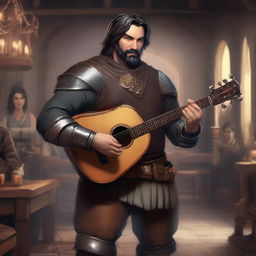 A full-body image of a standing human bard with short black hair and a beard, wearing leather armor while holding a lute