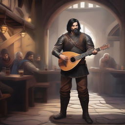 A full-body image of a standing human bard with short black hair and a beard, wearing leather armor while holding a lute