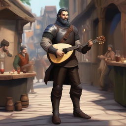 A full-body image of a standing human bard with short black hair and a beard, wearing leather armor while holding a lute