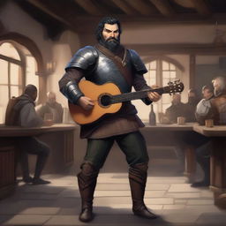 A full-body image of a standing human bard with short black hair and a beard, wearing leather armor while holding a lute