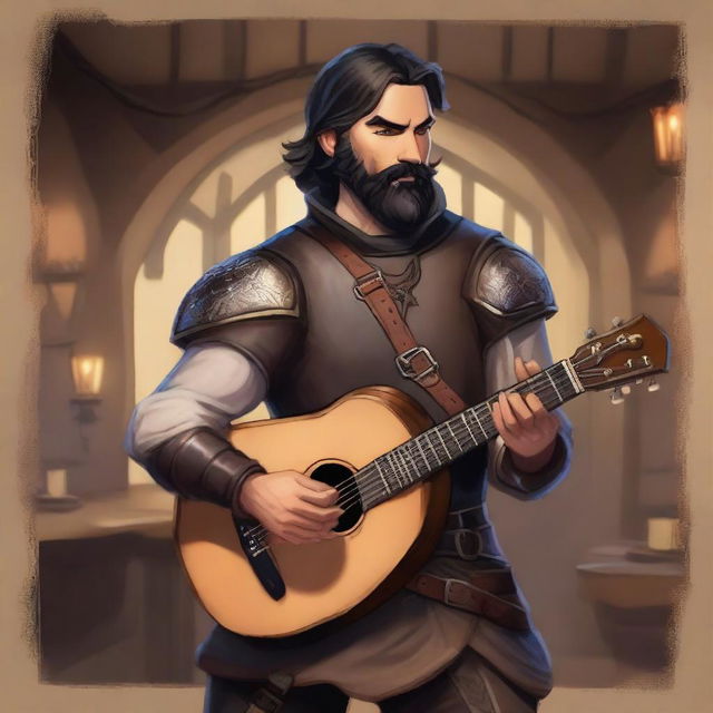 A full-body image of a standing human bard with short black hair and a beard, wearing leather armor while holding a lute