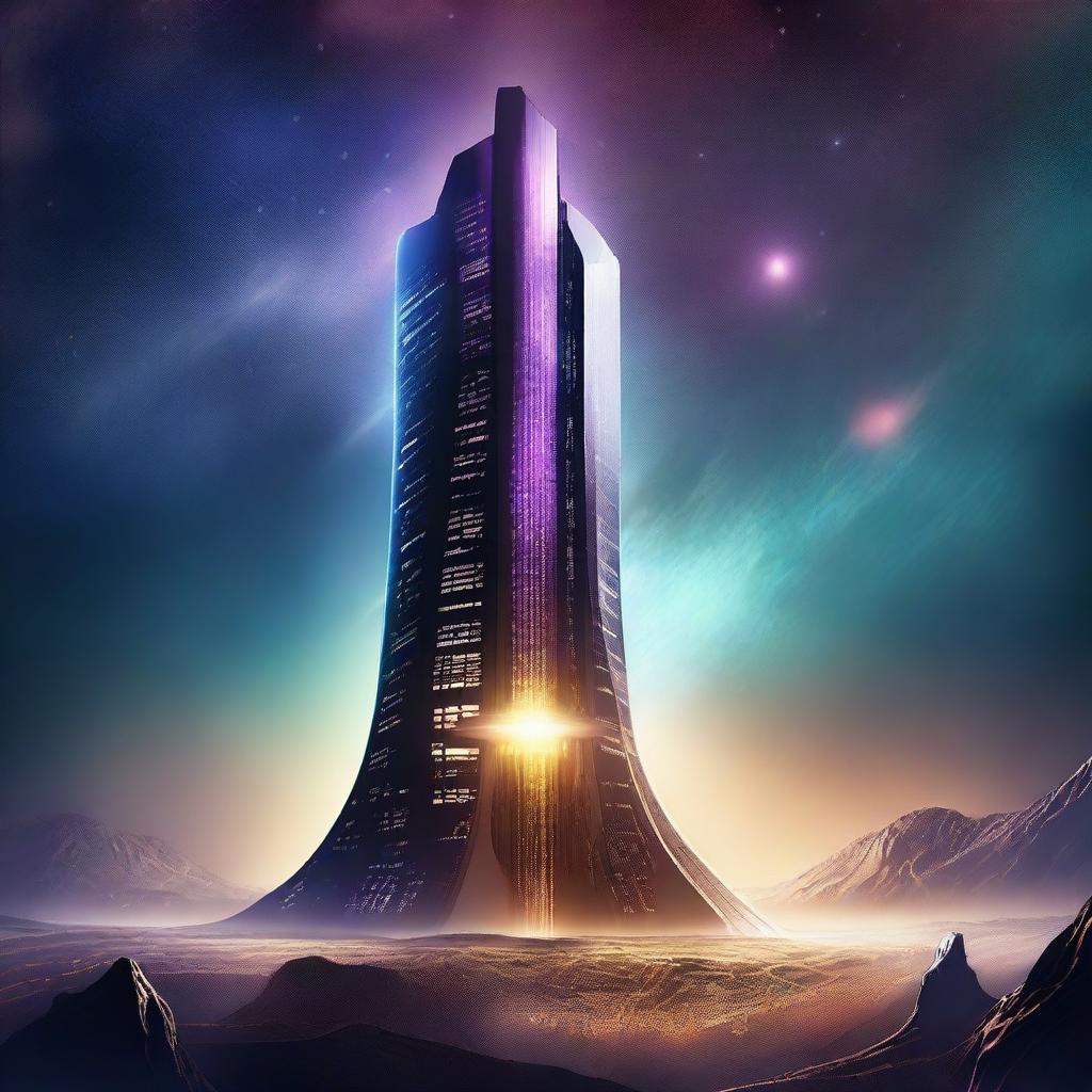 A towering structure set against the backdrop of deep space, with stars and distant galaxies visible