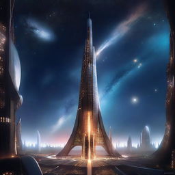 A towering structure set against the backdrop of deep space, with stars and distant galaxies visible