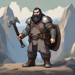 A full-body image of a standing dwarf explorer with short black hair and braids in his beard, wearing scale armor while holding a heavy axe