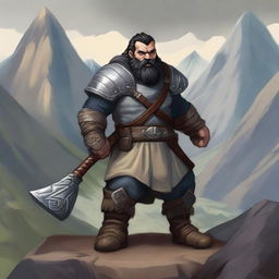 A full-body image of a standing dwarf explorer with short black hair and braids in his beard, wearing scale armor while holding a heavy axe