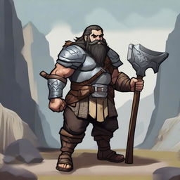 A full-body image of a standing dwarf explorer with short black hair and braids in his beard, wearing scale armor while holding a heavy axe