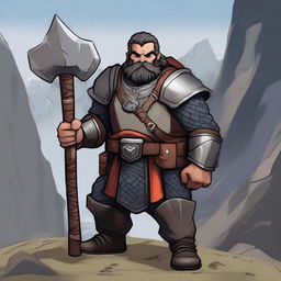 A full-body image of a standing dwarf explorer with short black hair and braids in his beard, wearing scale armor while holding a heavy axe