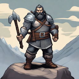 A full-body image of a standing dwarf explorer with short black hair and braids in his beard, wearing scale armor while holding a battle axe