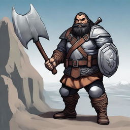 A full-body image of a standing dwarf explorer with short black hair and braids in his beard, wearing scale armor while holding a battle axe