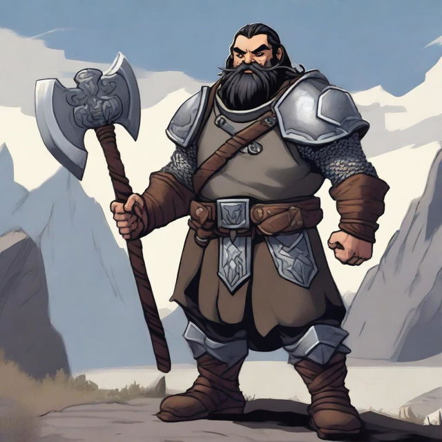 A full-body image of a standing dwarf explorer with short black hair and braids in his beard, wearing scale armor while holding a battle axe