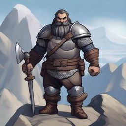 A full-body image of a standing dwarf explorer with short black hair and braids in his beard, wearing scale armor while holding a battle axe