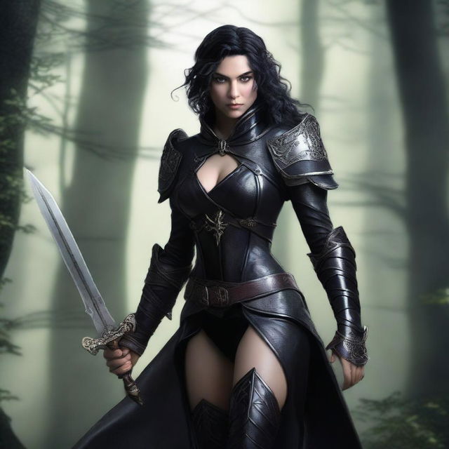 A full-body image of a standing female elf rogue with black curly hair, wearing black leather armor while holding a dagger