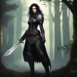 A full-body image of a standing female elf rogue with black curly hair, wearing black leather armor while holding a dagger