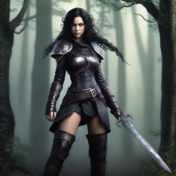 A full-body image of a standing female elf rogue with black curly hair, wearing black leather armor while holding a dagger