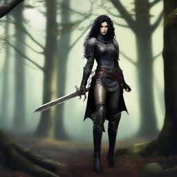 A full-body image of a standing female elf rogue with black curly hair, wearing black leather armor while holding a dagger