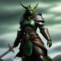 A full-body image of a standing female dragonborn warrior with green olive skin, wearing leather armor while holding a trident