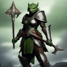 A full-body image of a standing female dragonborn warrior with green olive skin, wearing leather armor while holding a trident