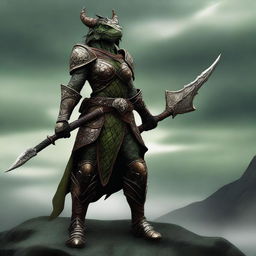 A full-body image of a standing female dragonborn warrior with green olive skin, wearing leather armor while holding a trident