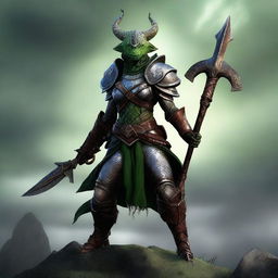 A full-body image of a standing female dragonborn warrior with green olive skin, wearing leather armor while holding a trident