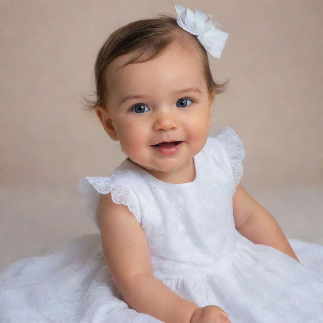 A delightful baby girl dressed in a pristine white dress, radiating innocence and joy.