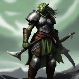 A full-body image of a standing female dragonborn warrior with light green olive skin, wearing leather armor while holding a trident