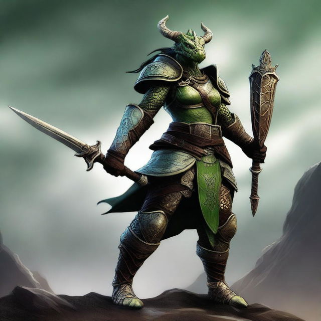 A full-body image of a standing female dragonborn warrior with light green olive skin, wearing leather armor while holding a trident