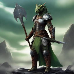 A full-body image of a standing female dragonborn warrior with light green olive skin, wearing leather armor while holding a trident