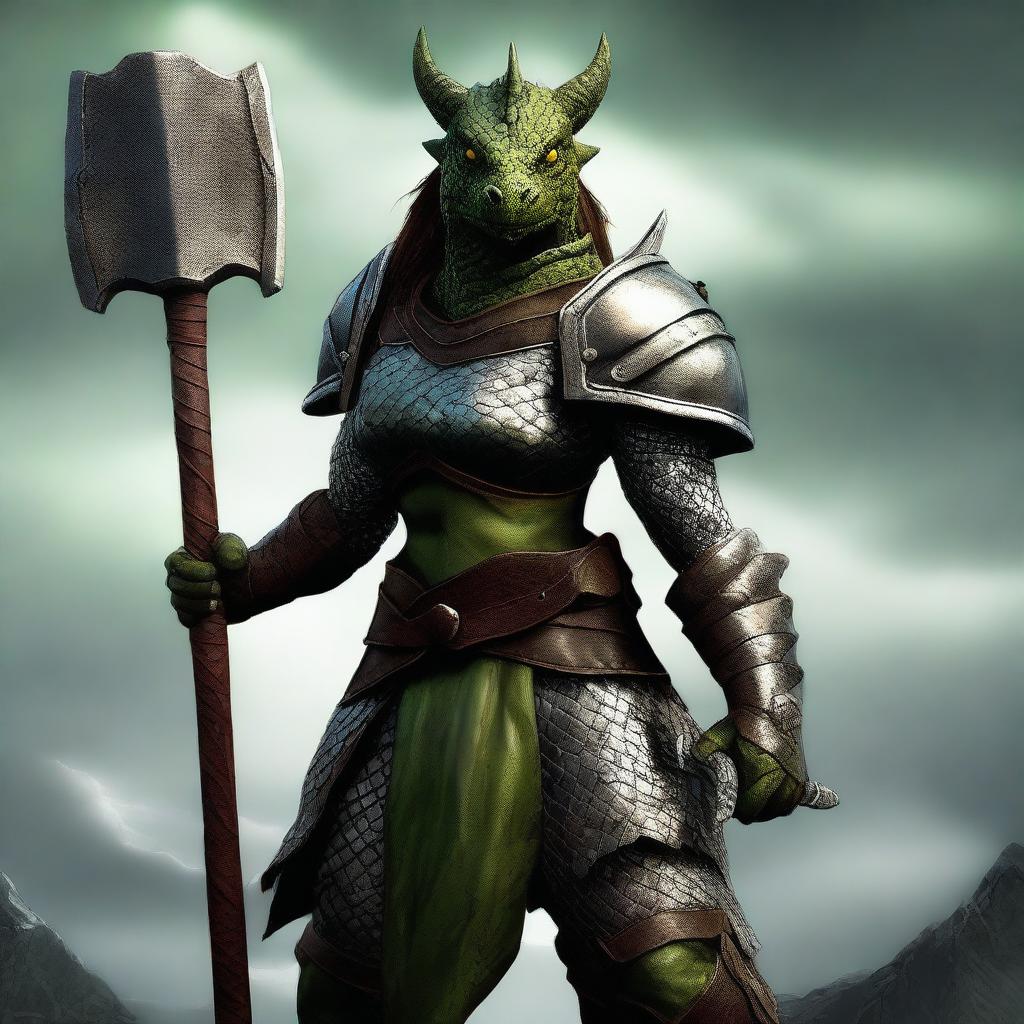 A full-body image of a standing female dragonborn warrior with light green olive skin, wearing leather armor while holding an axe