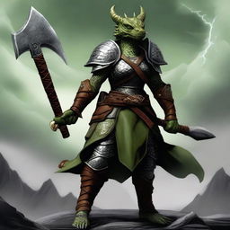 A full-body image of a standing female dragonborn warrior with light green olive skin, wearing leather armor while holding an axe