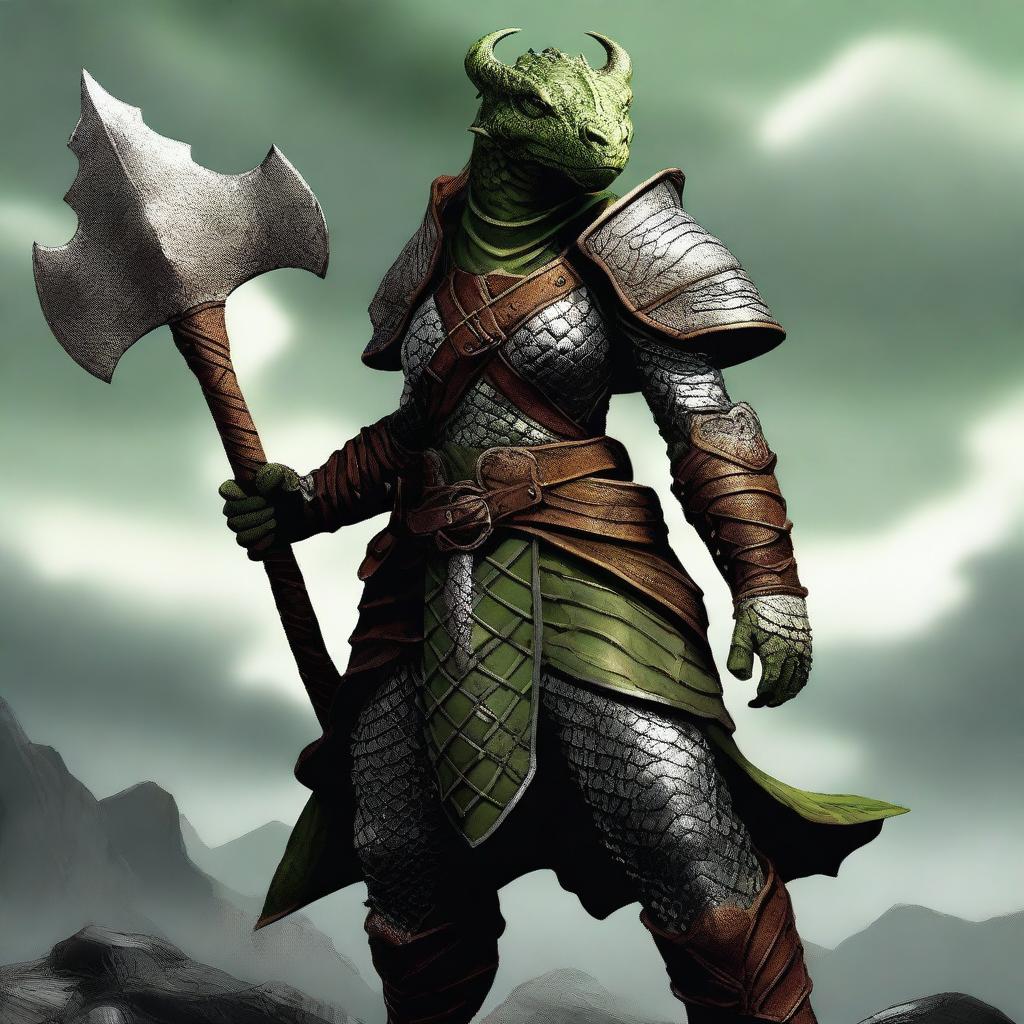 A full-body image of a standing female dragonborn warrior with light green olive skin, wearing leather armor while holding an axe