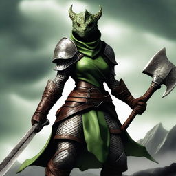 A full-body image of a standing female dragonborn warrior with light green olive skin, wearing leather armor while holding an axe