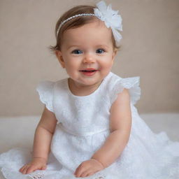 A delightful baby girl dressed in a pristine white dress, radiating innocence and joy.