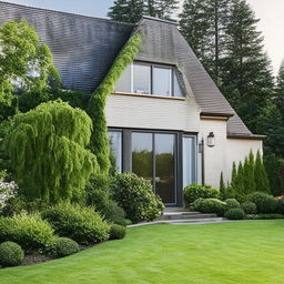 Design an image of a house uniquely built on a 200-yard plot. It has a comfortable living space, large windows, and a beautifully landscaped yard.