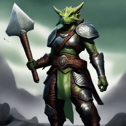 A full-body image of a standing female dragonborn warrior with light green olive skin, wearing leather armor while holding an axe