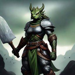 A full-body image of a standing female dragonborn warrior with light green olive skin, wearing leather armor while holding an axe