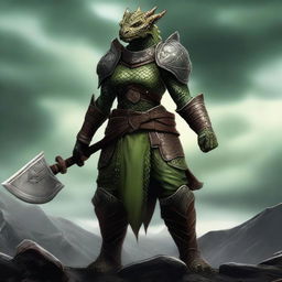 A full-body image of a standing female dragonborn warrior with light green olive skin, wearing leather armor while holding an axe