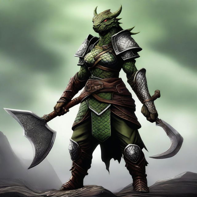 A full-body image of a standing female dragonborn warrior with light green olive skin, wearing leather armor while holding an axe