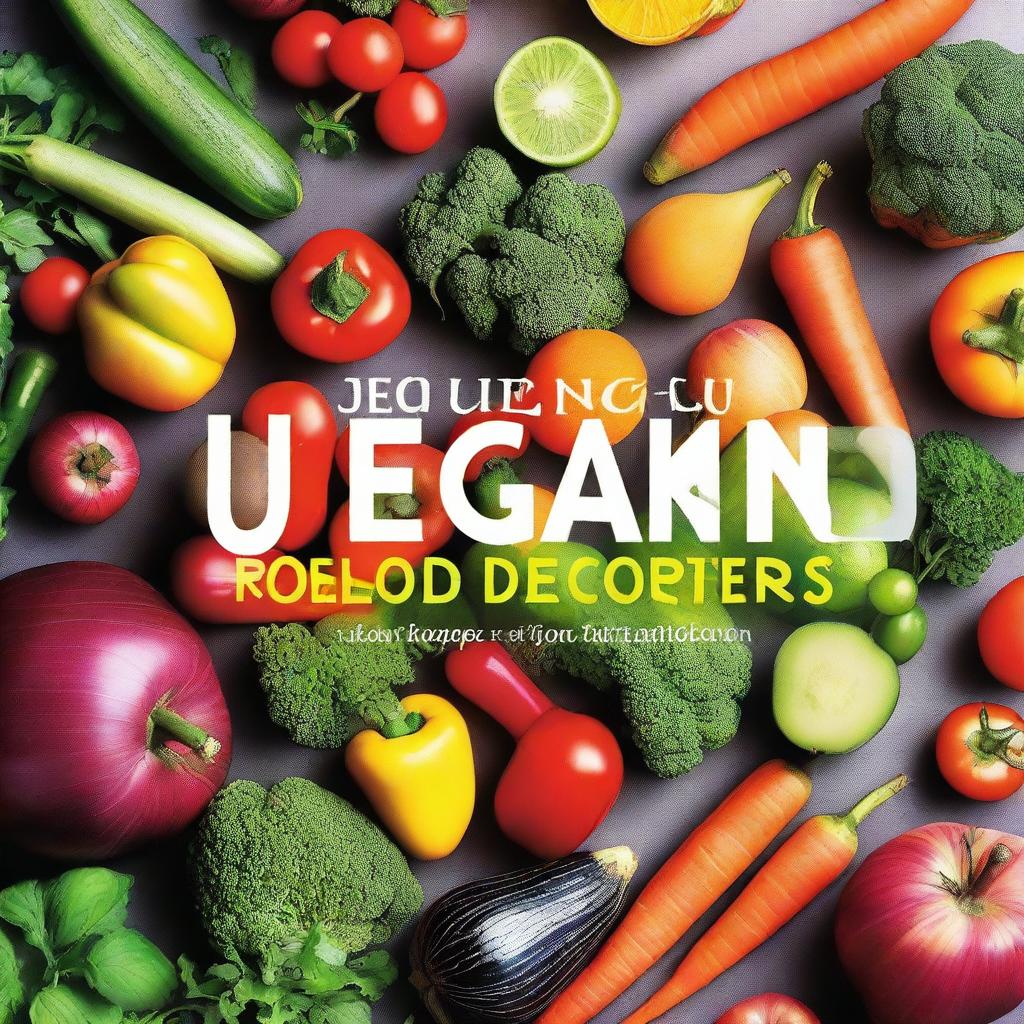 A vibrant and inviting book cover featuring a variety of colorful vegetables and fruits, with a focus on fresh, healthy vegan recipes