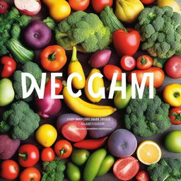 A vibrant and inviting book cover featuring a variety of colorful vegetables and fruits, with a focus on fresh, healthy vegan recipes