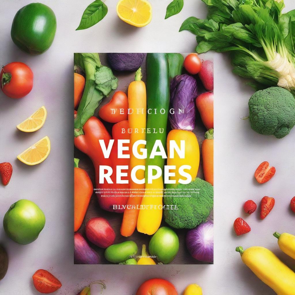 A vibrant and inviting book cover featuring a variety of colorful vegetables and fruits, with a focus on fresh, healthy vegan recipes