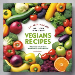 A vibrant and inviting book cover featuring a variety of colorful vegetables and fruits, with a focus on fresh, healthy vegan recipes