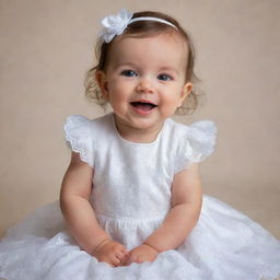 A delightful baby girl dressed in a pristine white dress, radiating innocence and joy.