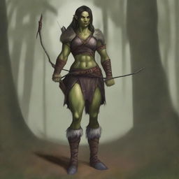 A full-body image of a standing female half-orc explorer with light green olive skin, wearing leather armor while holding a longbow