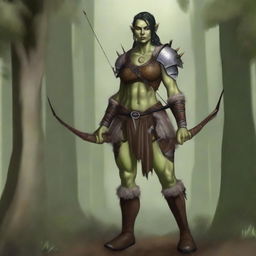 A full-body image of a standing female half-orc explorer with light green olive skin, wearing leather armor while holding a longbow