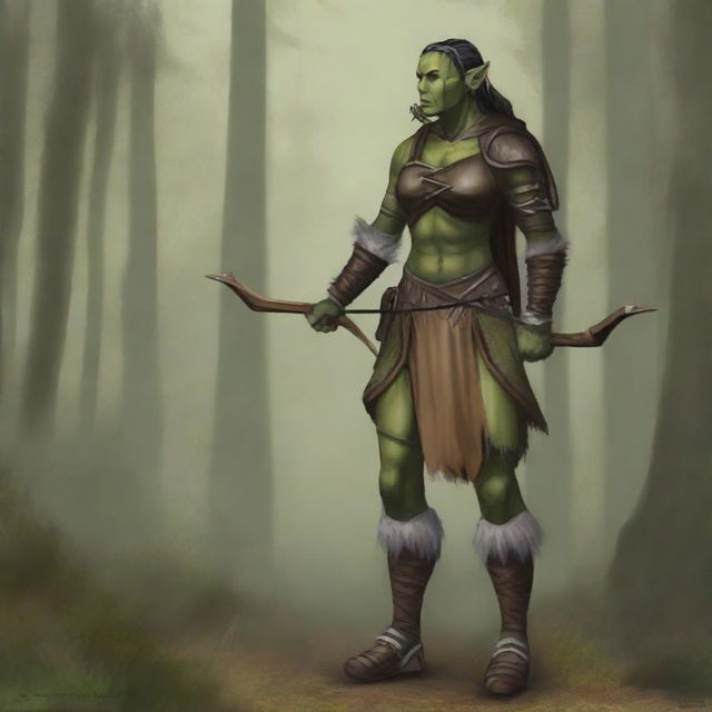 A full-body image of a standing female half-orc explorer with light green olive skin, wearing leather armor while holding a longbow