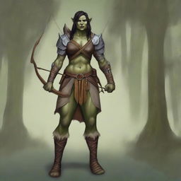 A full-body image of a standing female half-orc explorer with light green olive skin, wearing leather armor while holding a longbow