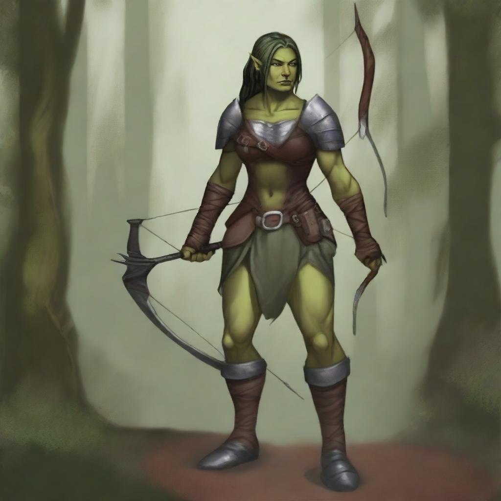 A full-body image of a standing female half-orc explorer with light green olive skin, wearing leather armor while holding a longbow